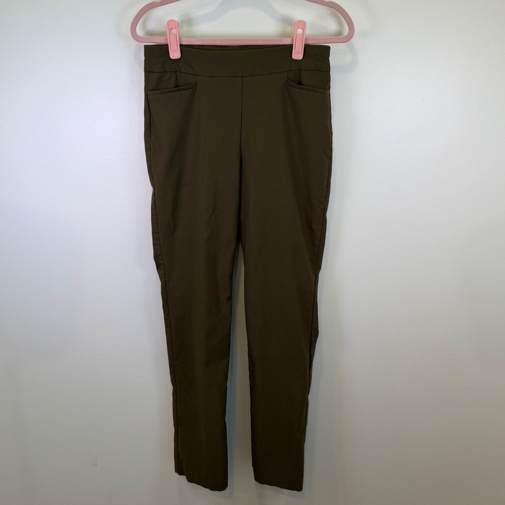 Chicos Womens 0.5R Olive Green Pull On Slim Leg Pants Stretch 6 Elastic Career